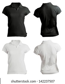 Women's Polo Shirt Template, Black White, Front And Back