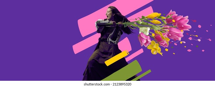 Women's rights, feminism. Contemporary art collage. Idea, inspiration, aspiration and creativity. Brutal medieval knight with flowers on bright neon background. Concept of love, comparison of eras - Shutterstock ID 2123895320