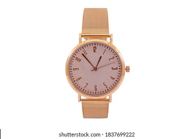 Women's round golden classic watch with metal mesh style strap, pink dial face isolated on white background. - Shutterstock ID 1837699222