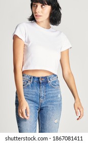 Women's Sexy White Crop Top With High Waisted Jeans