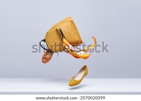 Women's shoes and accessories flying in the air on a light background. Fashionable women's items. Fashionable and modern womens handbag and shoes