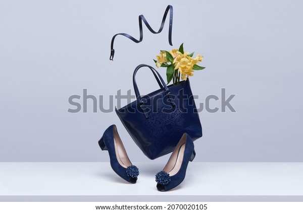 Women's shoes and accessories flying in the air
on a light background. Fashionable women's items. Fashionable and
modern womens handbag and
shoes