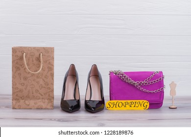 Womens Shoes, Handbag And Shopping Bag. Female Fashion And Shopping Concept. Retail Therapy For Women.