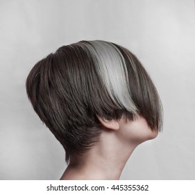 Women's Short Asymmetric Haircut With Long Bangs And Short Nape, Bob, Brown Hair With White, Grey Streak.Short Haircut Woman, Bob Haircut