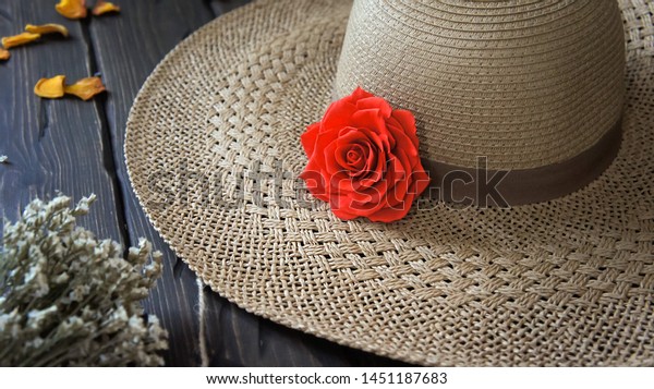 Womens Straw Hat Decorated Red Rose Stock Photo Edit Now 1451187683