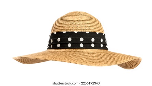 Womens straw hat with a ribbon on a white background. - Shutterstock ID 2256192343