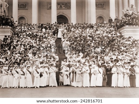Women's Suffrage envoys from many states brought petitions to Congress. Five thousand women massed on and about the East Steps of the Capitol singing Ethel Smyth's HYMN OF THE WOMEN. May 9, 1914.