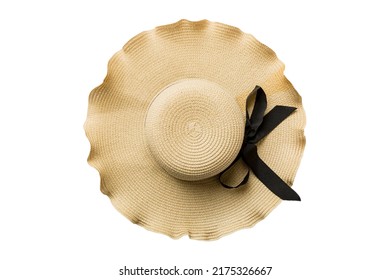 Womens summer yellow straw hat top view, isolated on white background.