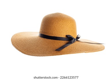 Womens summer yellow straw hat with black ribbon on white background - Shutterstock ID 2266123577