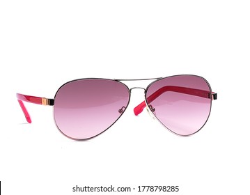 Women's Sunglasses In Thin Metal Frame And Pink Glass On White Background