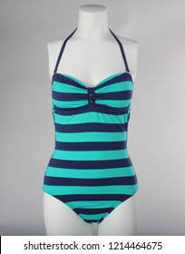 Womens Swimwear One Piece Green And Blue Stripes On White Mannequin