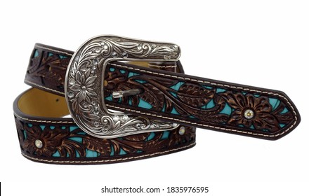 Women's Western Belt Leather Cowboy Cowgirl Tooled Belt with Silver Buckle