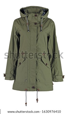 Women's winter parka jacket in military style.  Isolated image on a white background.