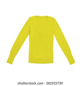 women's yellow v-neck pullover, isolated on white