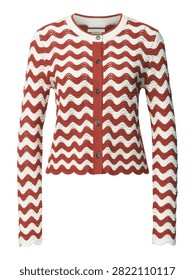 A women's zigzag patterned cotton blend sweater featuring a ribbed hem and cuffs ideal for apparel catalog or website use.