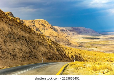 Wonder Of Nature - The Dead Sea. The Highway Runs Along The Coast Of The Dead Sea. Cloudy And Warm January Day. Israeli Coast Of The Dead Sea. 