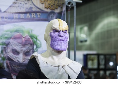 WONDERCON: Los Angeles Convention Center, March 25 Thru 27, 2016. A Special Effects Make Up Artist Demonstrates With A Thanos Makeup From The Marvel Cinematic Universe. 