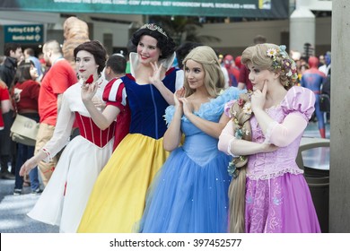 WONDERCON: Los Angeles Convention Center, March 25 thru 27, 2016. Cosplayers and fans come out for the annual WonderCon comic and entertainment convention in Los Angeles. Disney Princesses.