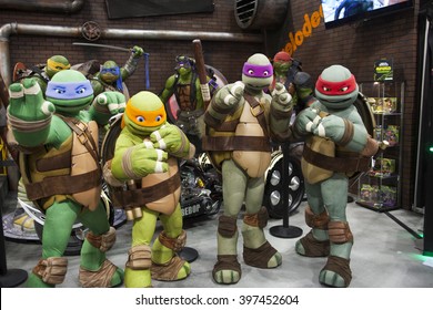 WONDERCON: Los Angeles Convention Center, March 25 thru 27, 2016. Teenage Mutant Ninja Turtles pose for a photo at their booth. 