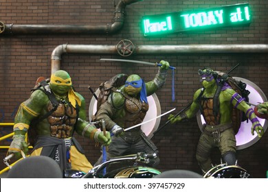 WONDERCON: Los Angeles Convention Center, March 25 thru 27, 2016. The Teenage Mutant Ninja Turtles character statues at their booth promoting their new film at Wondercon. 