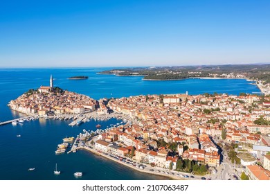 wonderful aerial view of Rovinj, port with boats and ships, Istria, Croatia