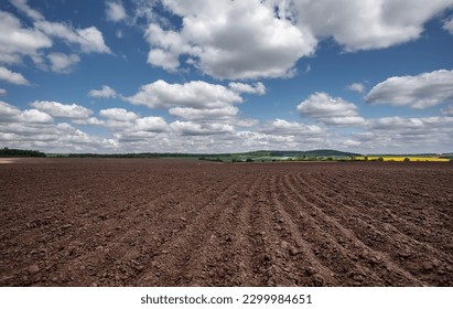 Wonderful agriculture plowed field.  Black soil prepared for planting crop and blue perfect sky. Dirt soil ground in farm. Rich harvest concept. Agricultural  background. Concept of farming - Shutterstock ID 2299984651