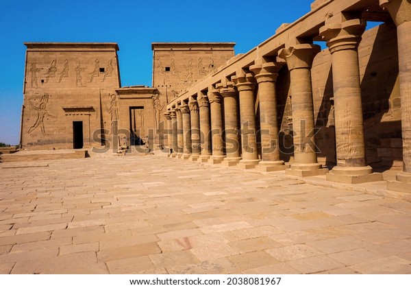 Wonderful architecture and stone\
columns from the Temple of Philae, Red Sea Governorate, Egypt\
2019
