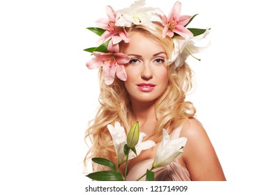 Wonderful blonde lady with wreath from flowers on head