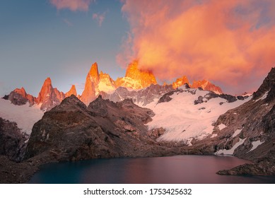 Wonderful daybreak dawn outdoor with epic sunlight on the mountains of Patagonia nature landscape, Mount Fitz Roy adventure in El Chalten town touristic destination