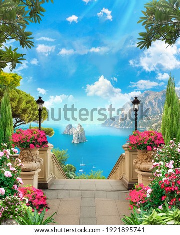 Wonderful descent to the coast of the bay in Europe in the rays of daylight. Digital mural. Digital fresco.