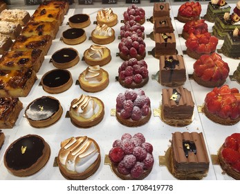 Wonderful Display Of Cakes And Pastries In A Paris Patisserie.