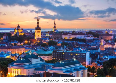 Wonderful Evening Scenic Summer Panorama Of Tallinn, Estonia