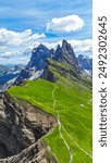 Wonderful landscape of the Dolomites Alps in summer. Odle mountain range, Seceda peak in Dolomites, Italy. Artistic picture. Beauty world.