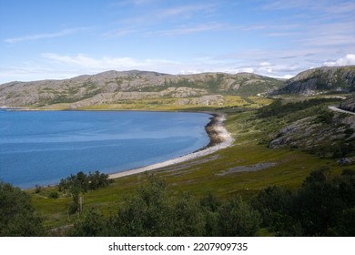 Wonderful landscapes in Norway. Nord-Norge. Beautiful scenery of Lebesby coastline in the Troms og Finnmark. Sunny day. Selective focus