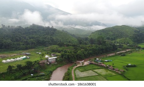 Wonderful Mountain Range With Morning Fog At Ban Sapan In Nan Province, THAILAND.