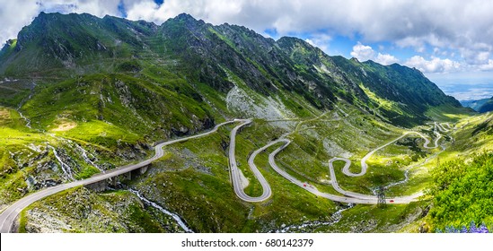 Wonderful Mountain Scenery. Mountain Road With Perfect Blue Sky. Creative Image. Transfagarasan Highway, The Most Beautiful Road In Europe, Romania (Transfagarash), Ridge Fagaras