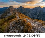 Wonderful mountains with a hiking trail on the ridge. Picturesque places in Tatra Mountains in Poland. View on mountain ridge (Volovec Wolowiec) in Western Tatras. 