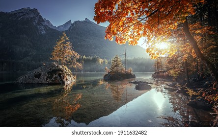 Wonderful Nature landscape. Fantastic view on Hintersee lake during sunset. one Most popular location of Europe for landscape photographers. Picture of wild area. Creative image. Natural background