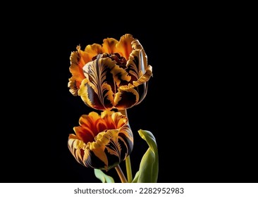 A wonderful orange tulip with intricate black patterns close-up on a dark background - Powered by Shutterstock