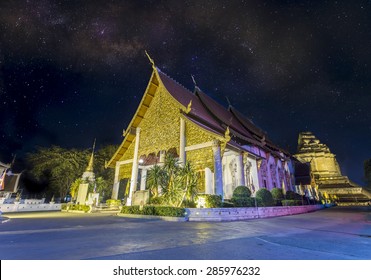 Wonderful Pagoda Wat Chedi Luang Temple With Milky Way, Chiang Mai, Thailand