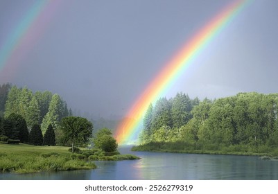 A wonderful rainbow over a tranquil river, surrounded by lush greenery and misty skies - Powered by Shutterstock