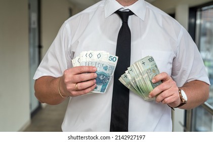 A Wonderful Refined Man Holds Polish Zlotys In His Strong Hands. The Concept Of High Income