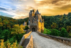 Wonderful Romantic Medieval Castles  Of Germany In Autumn Colours Over Sunset Burg Eltz, One Of The Most Beautiful In Europe