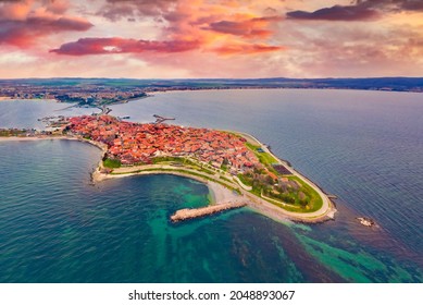 Wonderful spring view from flying drone of old town of Nessebar. Picturesque seascape of Black sea. Aerial outdoor scene of Bulgaria, Europe. Traveling concept background. Beautiful summer scenery.