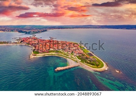 Wonderful spring view from flying drone of old town of Nessebar. Picturesque seascape of Black sea. Aerial outdoor scene of Bulgaria, Europe. Traveling concept background. Beautiful summer scenery.