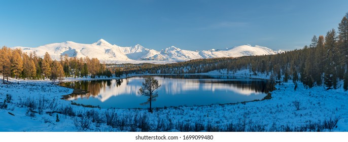 Wonderful sunrise landscape panorama of Kurai steppe with chuya river, mountain ice peaks of Siberia and sunny sky of Altai background. Natural scenery of autumn mountain forest. Altai, Siberia. - Powered by Shutterstock