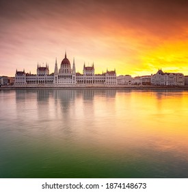Wonderful sunset over the Hungarian Parliament in Budapest in winter