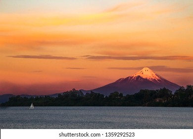 Wonderful Susnet On Volcano Osorno In Vicente Pérez Rosales National Park, Chile