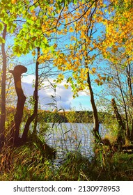 Wonderful Swedish Nature Reserve Lake In Autumn, Small Fishing Village In Sweden