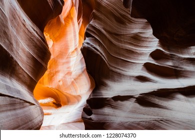 Wonderful View Of Antelope Canyon Rock Formation, Eroded By The Wind, Lightened By The Golden Sunlight.